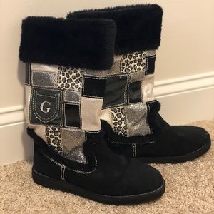 Guess Black & White Sparkle Firm Trim Boots Sz 9